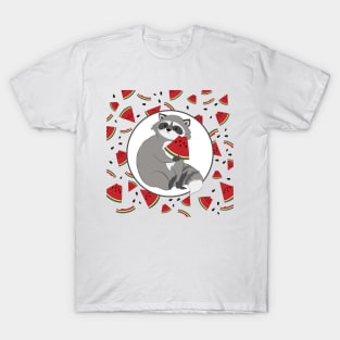 Cute Cartoon Raccoon with Watermelon T-Shirt